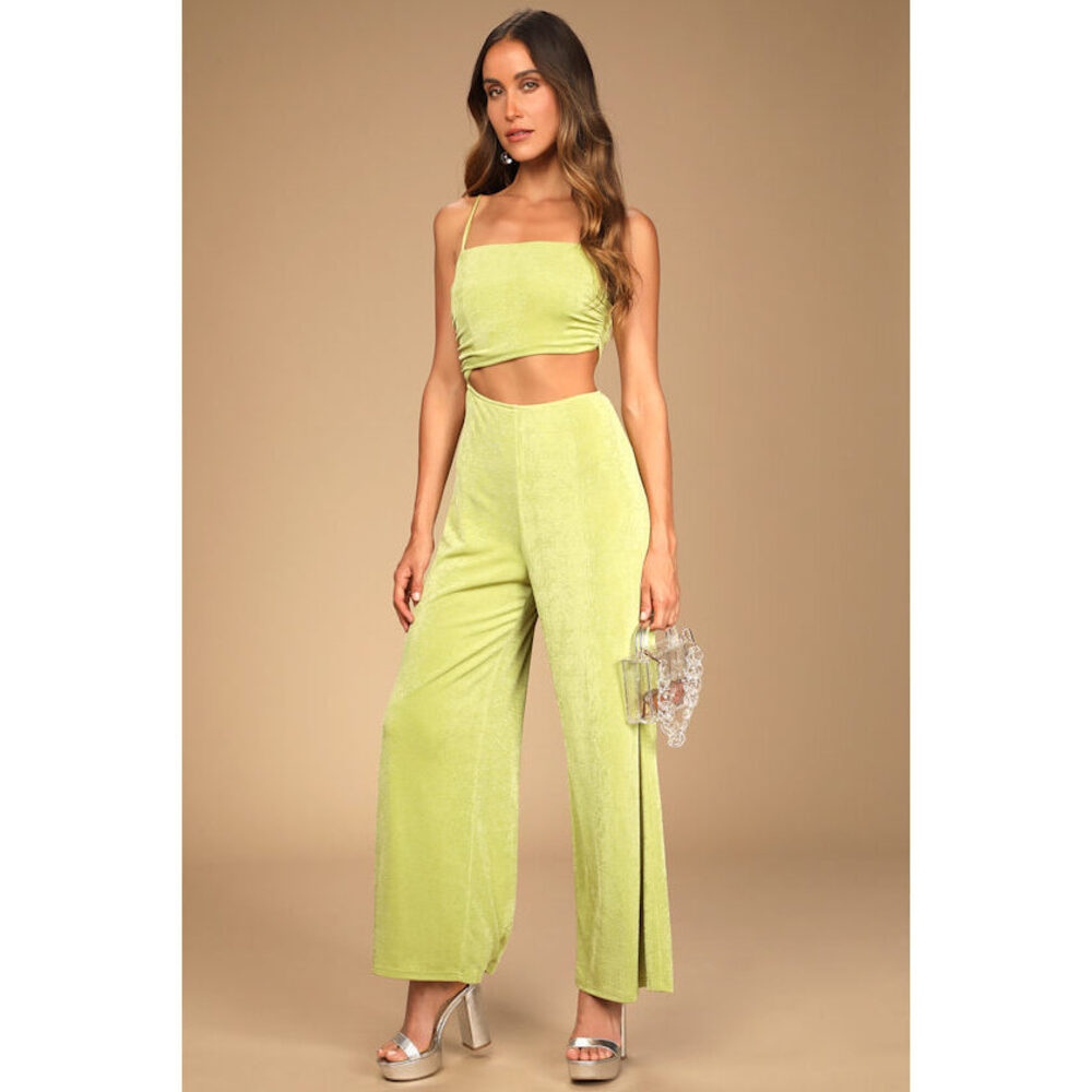 Lulus Timely Trends Lime Green Asymmetrical Cutout Wide-leg Jumpsuit - Size XL